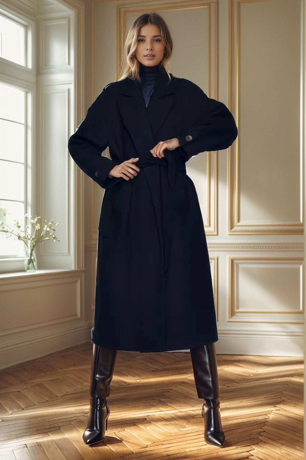 Street-Wave Womens Coat With Wide Collar Belted Waist Tie For Chic Transitional Outerwear