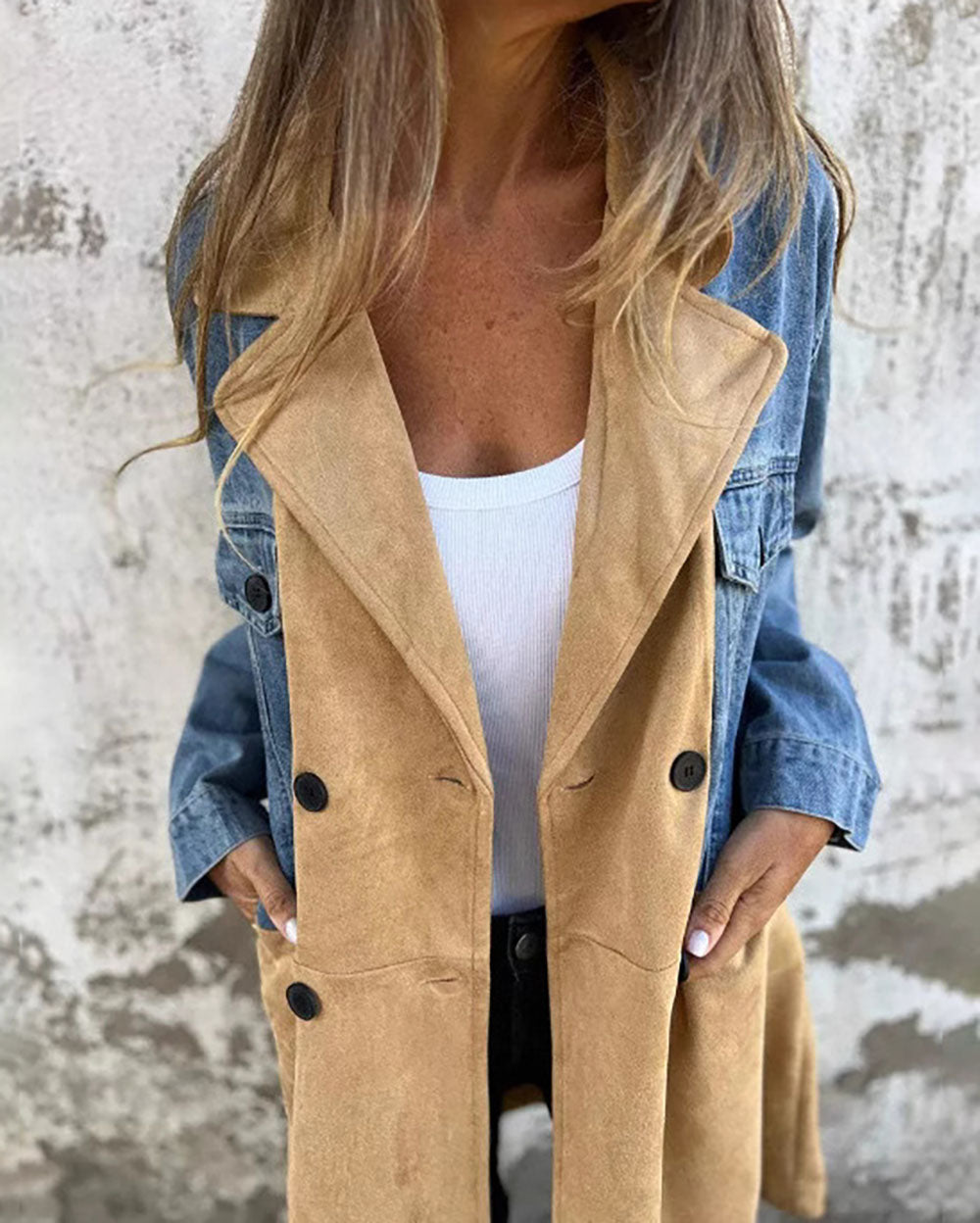Street-wave Denim Patchwork Mid Length Coat For Women Notch Lapel Chic Durable Style