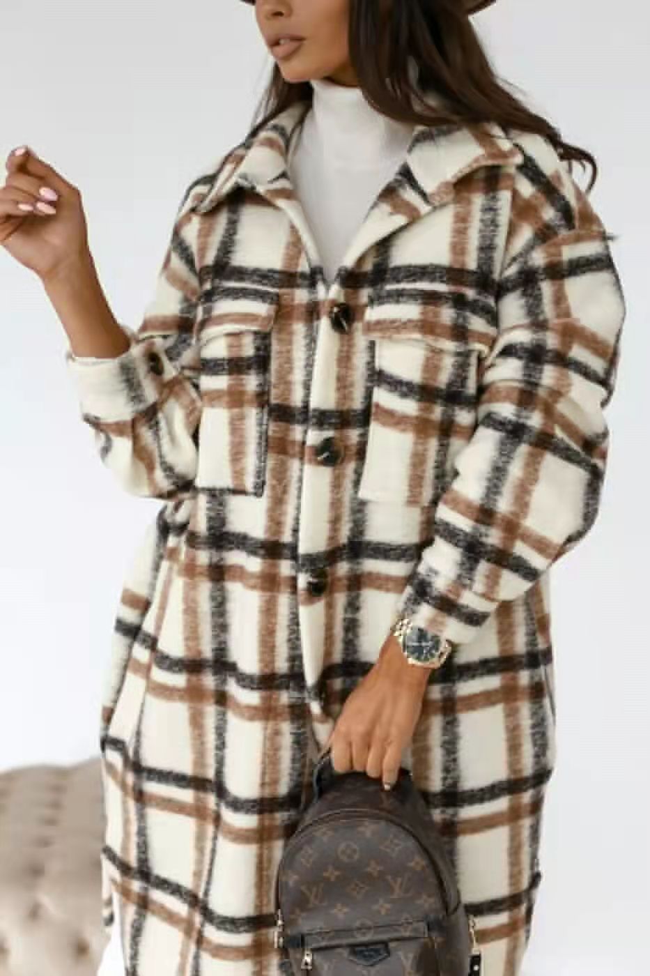 Street Wave Women's Plaid Oversized Shirt Coat With Practical Pockets For Everyday Warmth