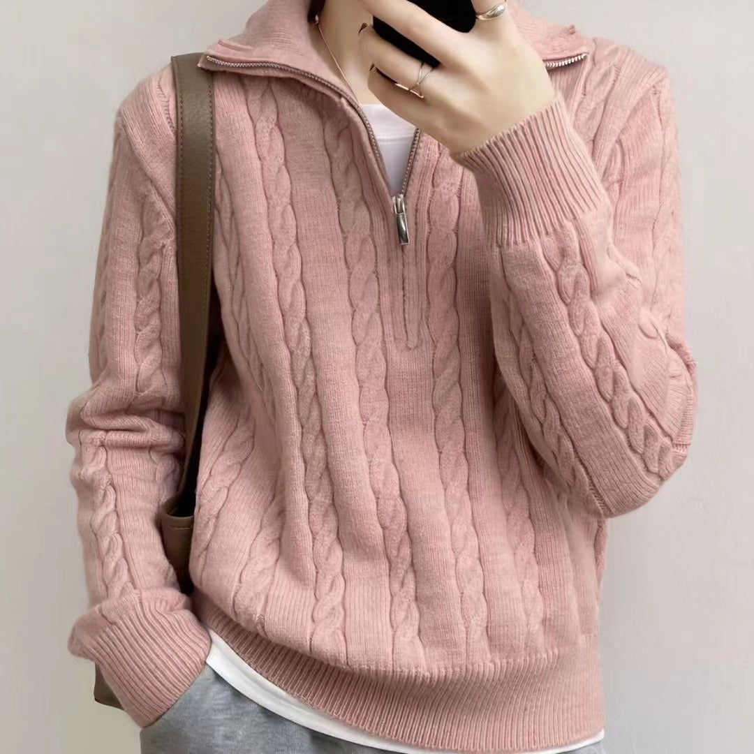 Street Wave Women Cozy Cable Knit Pullover With High Collar Zip Soft Warm Versatile