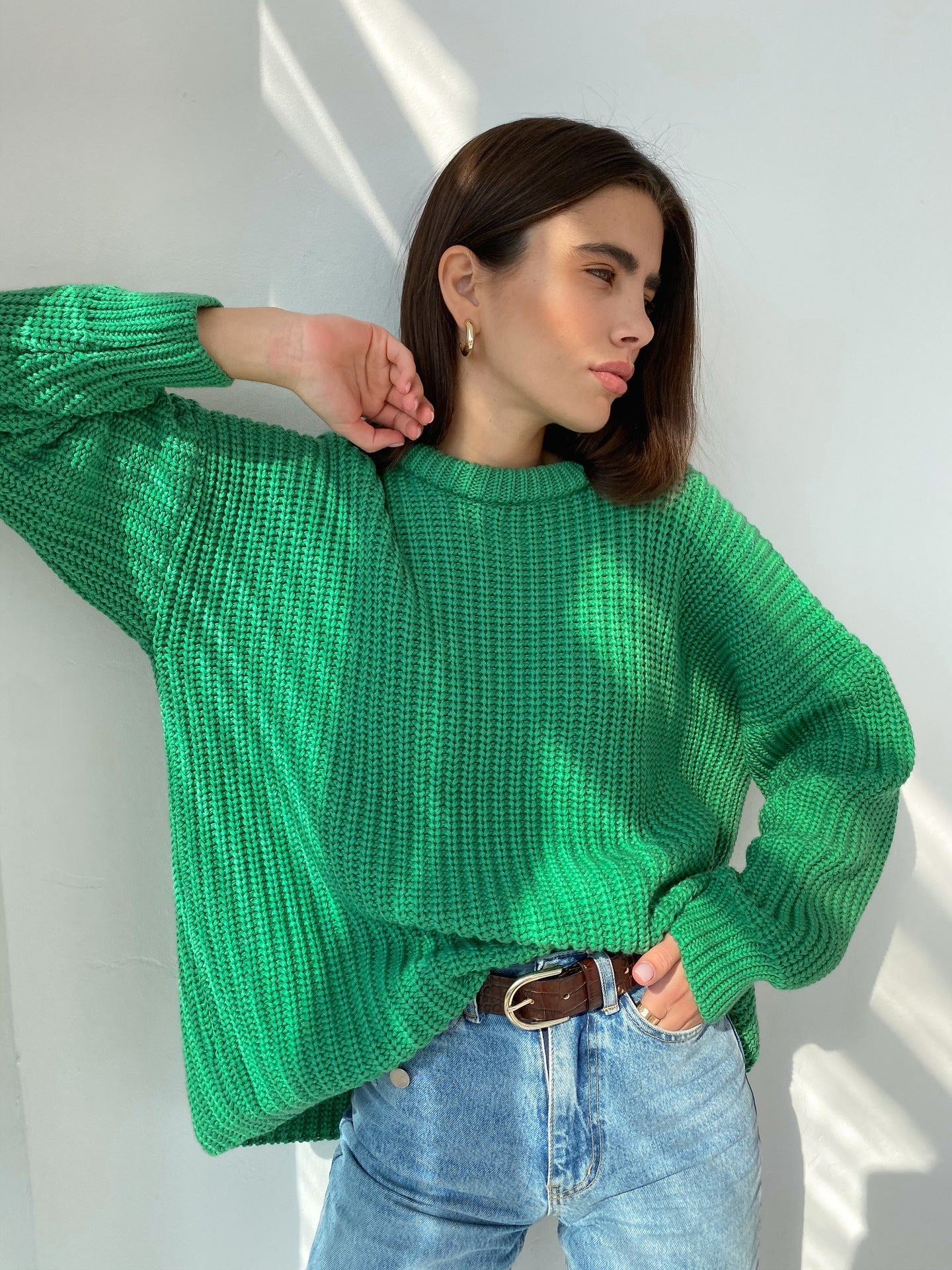 Street-Wave Womens Cozy Knit Sweater With Textured Stitch For Relaxed Oversized Fit Breathable Comfort