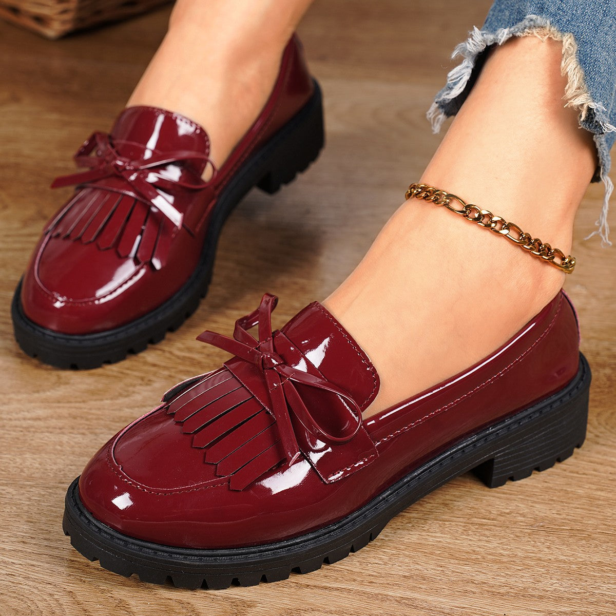 Street Wave Bow Mary Jane Shoes For Women Patent Leather With Cushioned Sole All Day Comfort