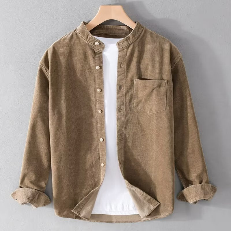 Street-Wave Corduroy Shirt for Men With Mandarin Collar and Minimalist Design for Everyday Comfort