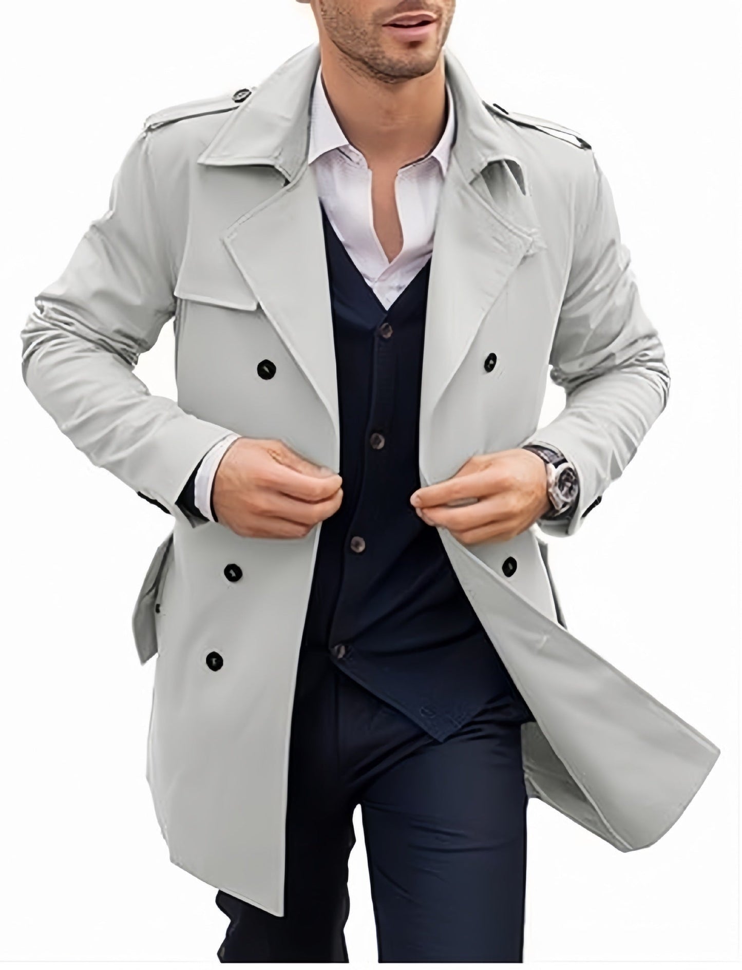 Street-Wave Mens Trench Coat With Structured Design And Double Button Placket For Modern Style