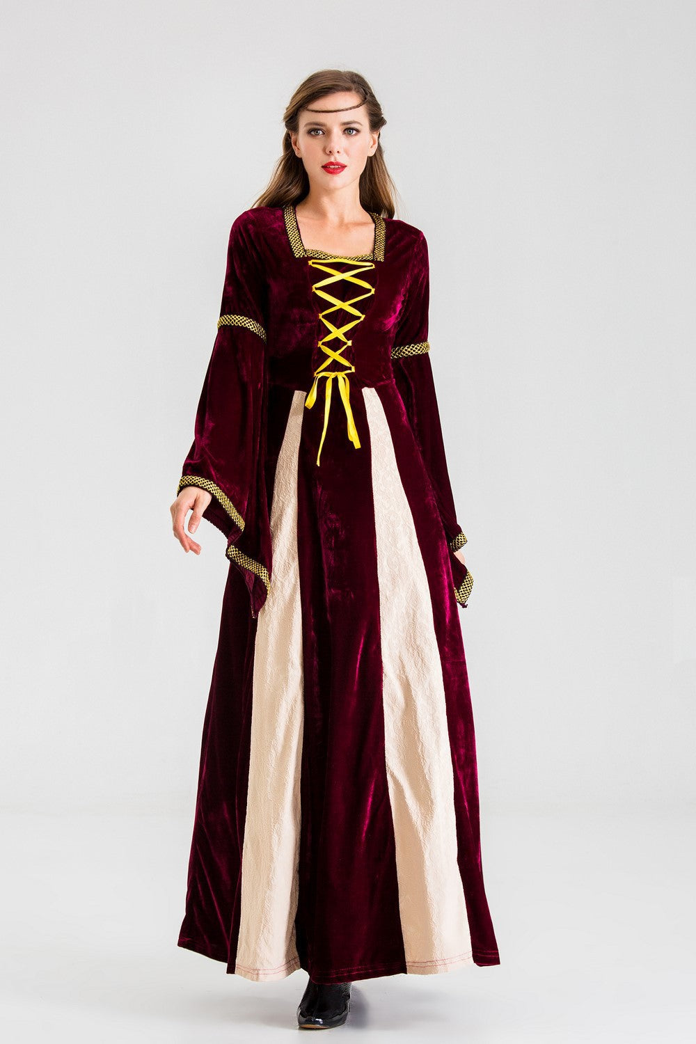 Street-Wave Womens Historical Fairy Tale Dress With Long Sleeves And Decorative Lace-Up Bodice For Cosplay