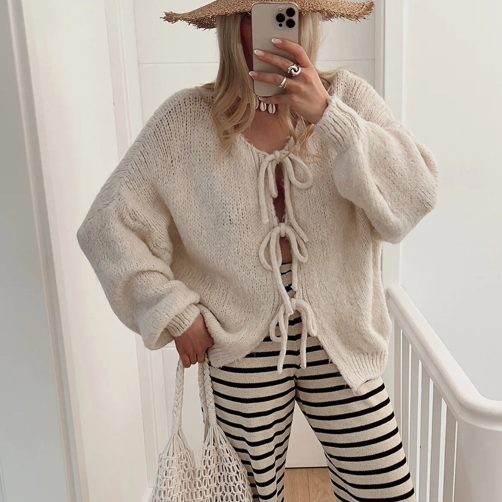 Streetwave Women Cozy Knit Cardigan With Decorative Ties For Warm Everyday Comfort And Effortless Style