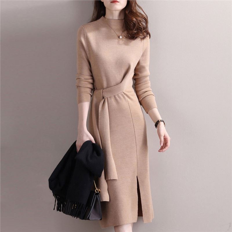 Street Wave Elegant Knit Dress With Side Slit And Belted Waist For Women Timeless Versatile And Breathable