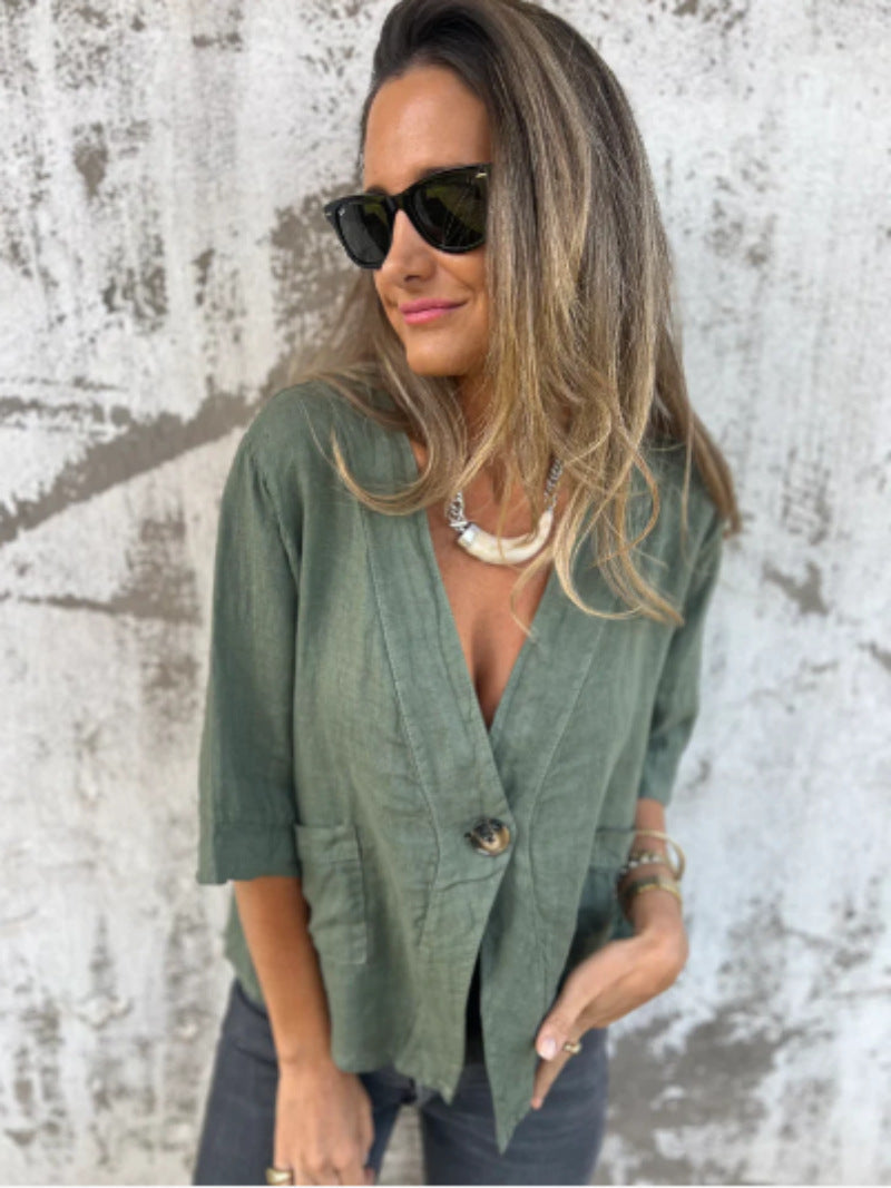 Street-Wave Light Linen Blazer For Women With Short Sleeves Breathable And Versatile Office To Weekend