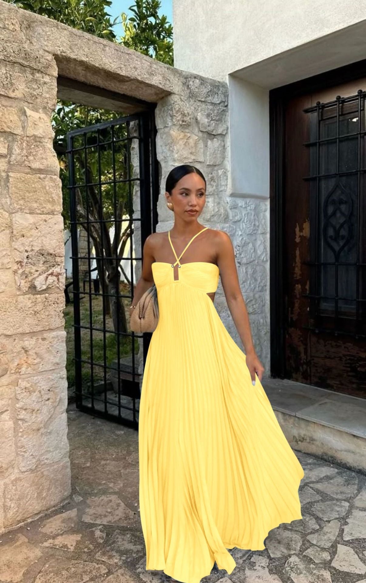 Street Wave Strapless Maxi Dress With Cross Details Pleated Aline For Women