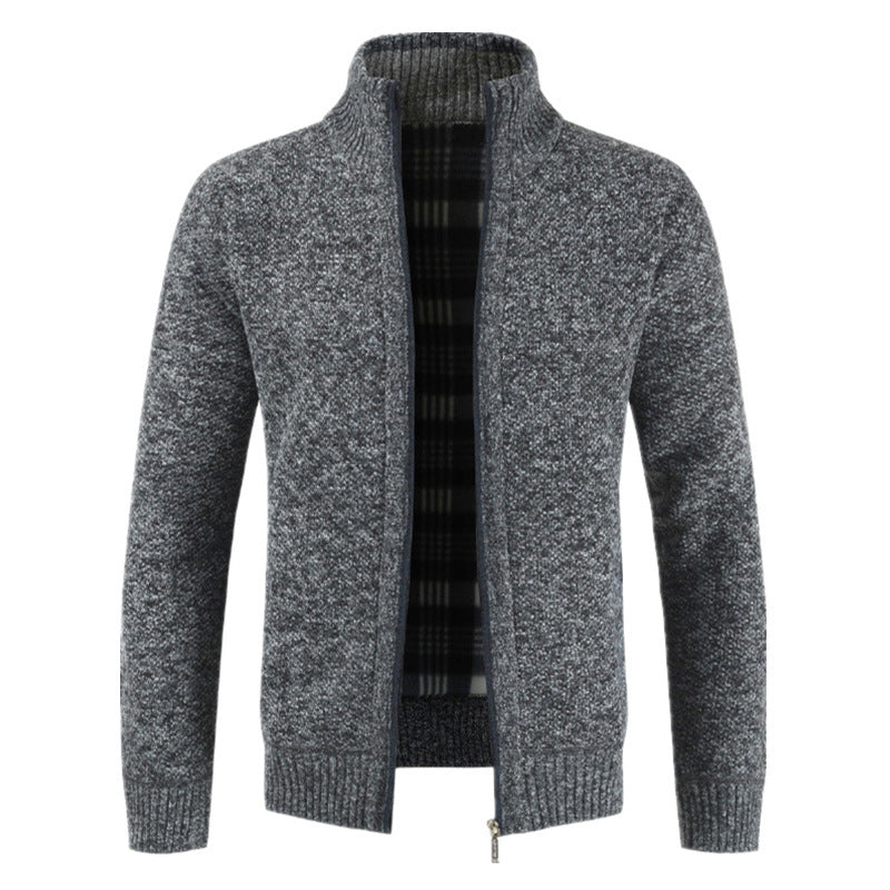 Street Wave Men's Knit Cardigan With High Collar And Plush Lined Interior For Everyday Winter Style