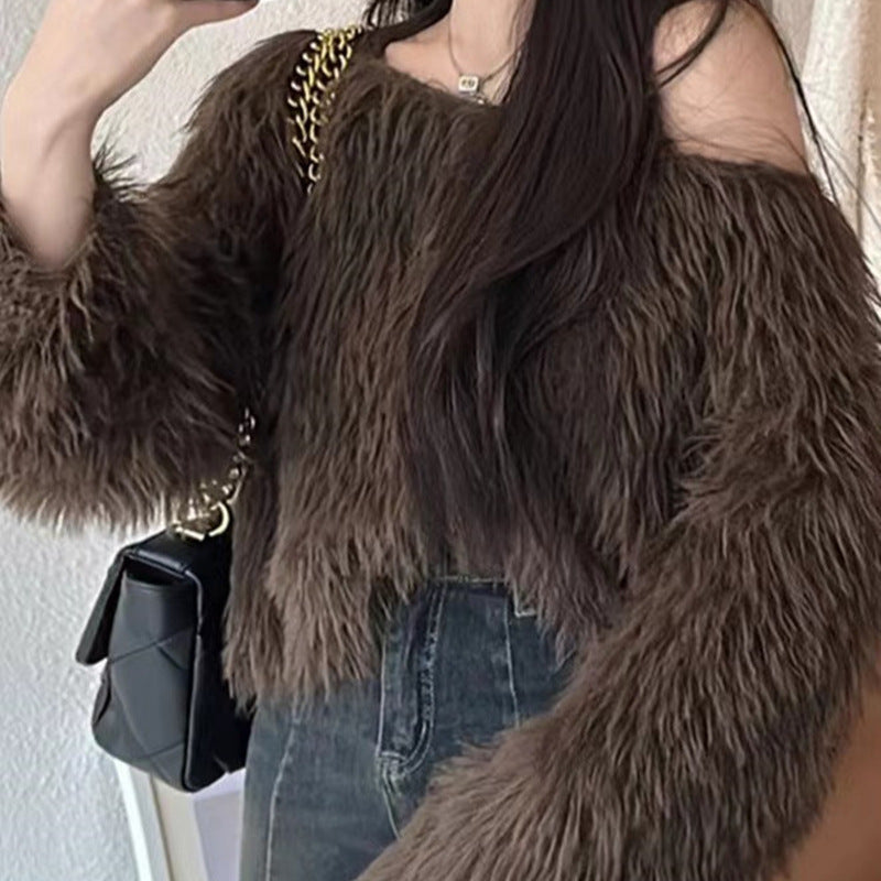 Fluffy Sweater For Women Street-wave, Cozy Loose-Fit Pullover With Soft Plush Sleeves