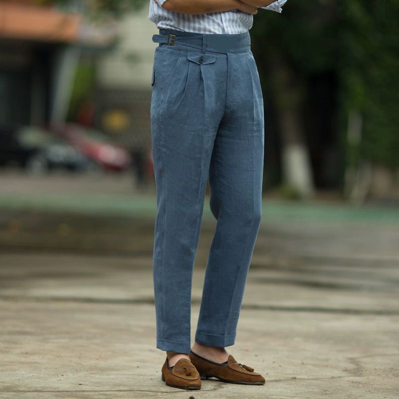 Street Wave Mens Linen Trousers Slim Fit High Waisted Pleated Front