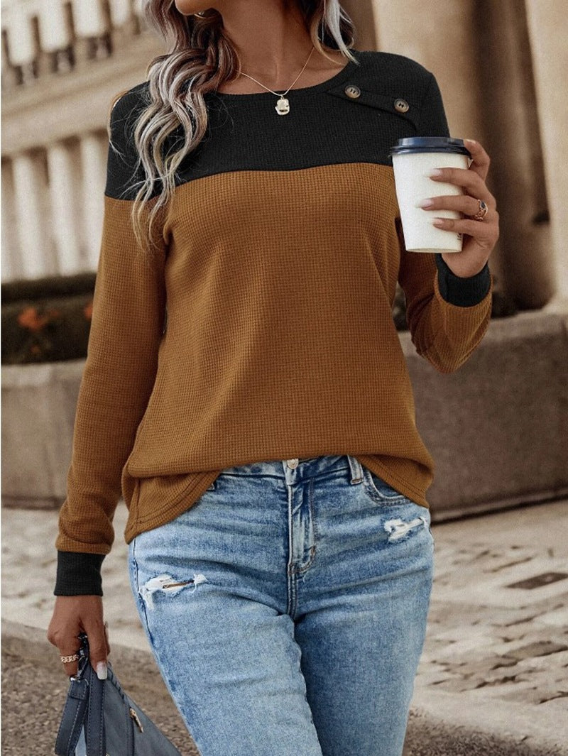 Street-wave Women's Structured Knit Pullover With Button Shoulder Details For Everyday Comfort