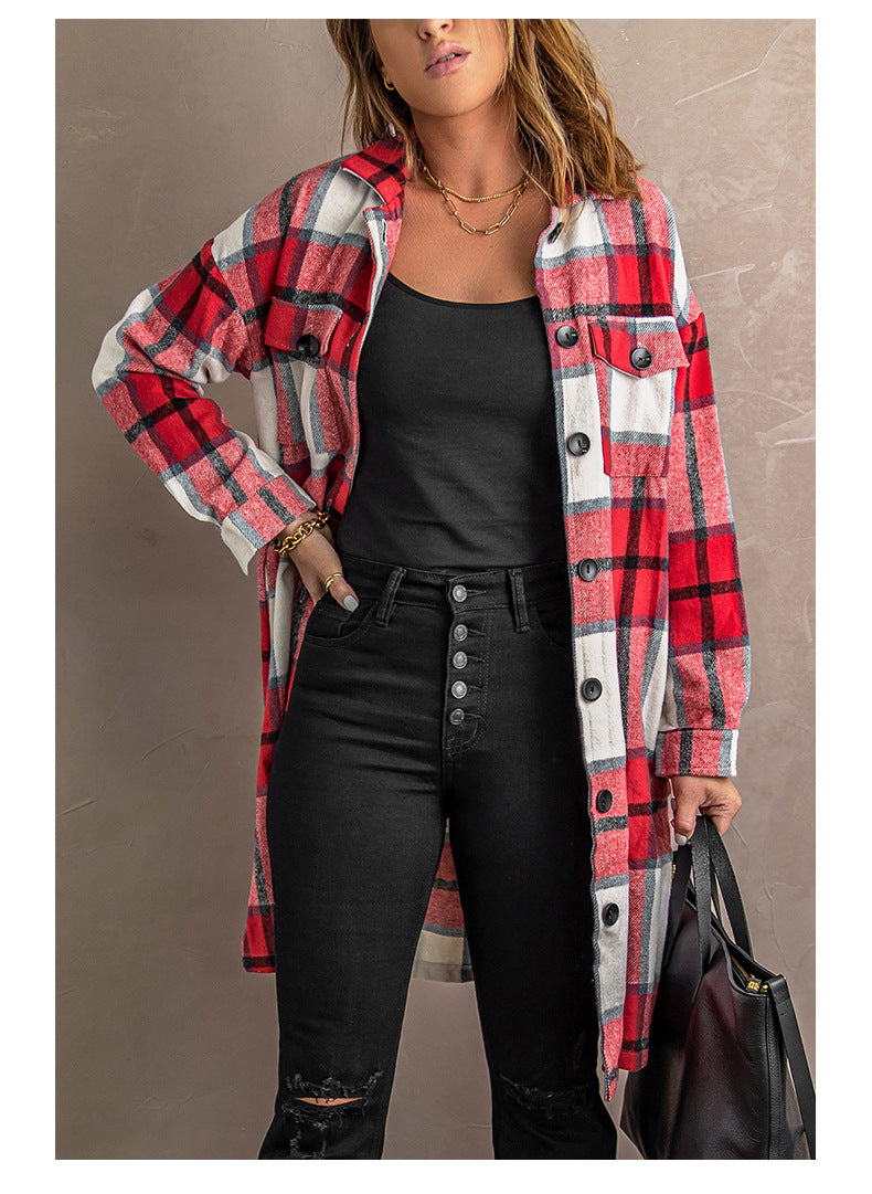 Street-Wave Plaid Tweed Coat For Women Longline Wool Blend Jacket With Pockets And Button Front