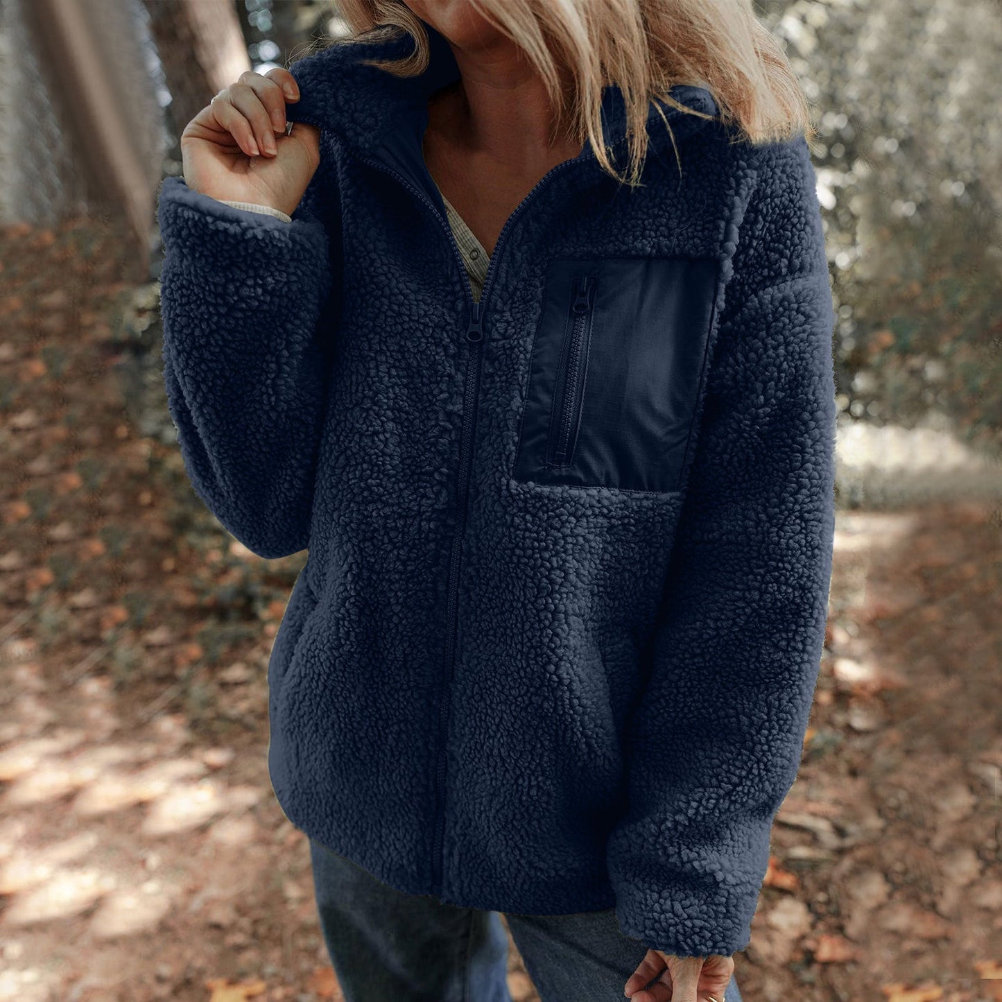 Women Fleece Jacket With High Collar Chest Pocket Streetwave Warm Cozy Everyday Wear