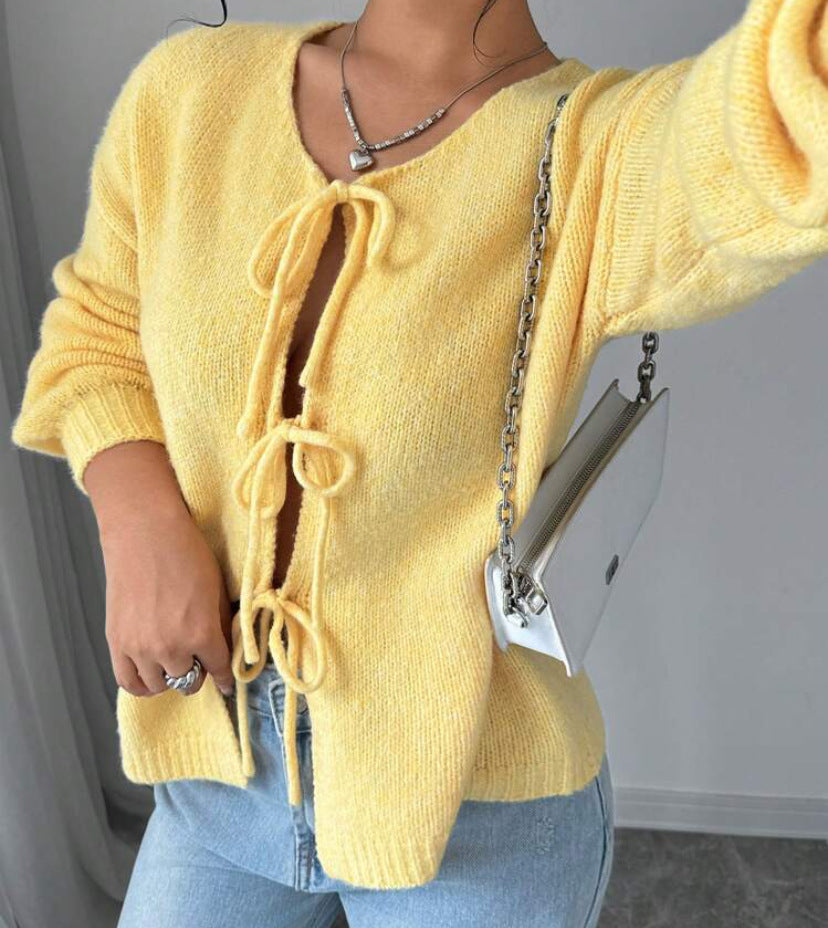 Street-Wave Women Oversized Knit Sweater With Decorative Tie-Front Detail For Cozy Everyday Style