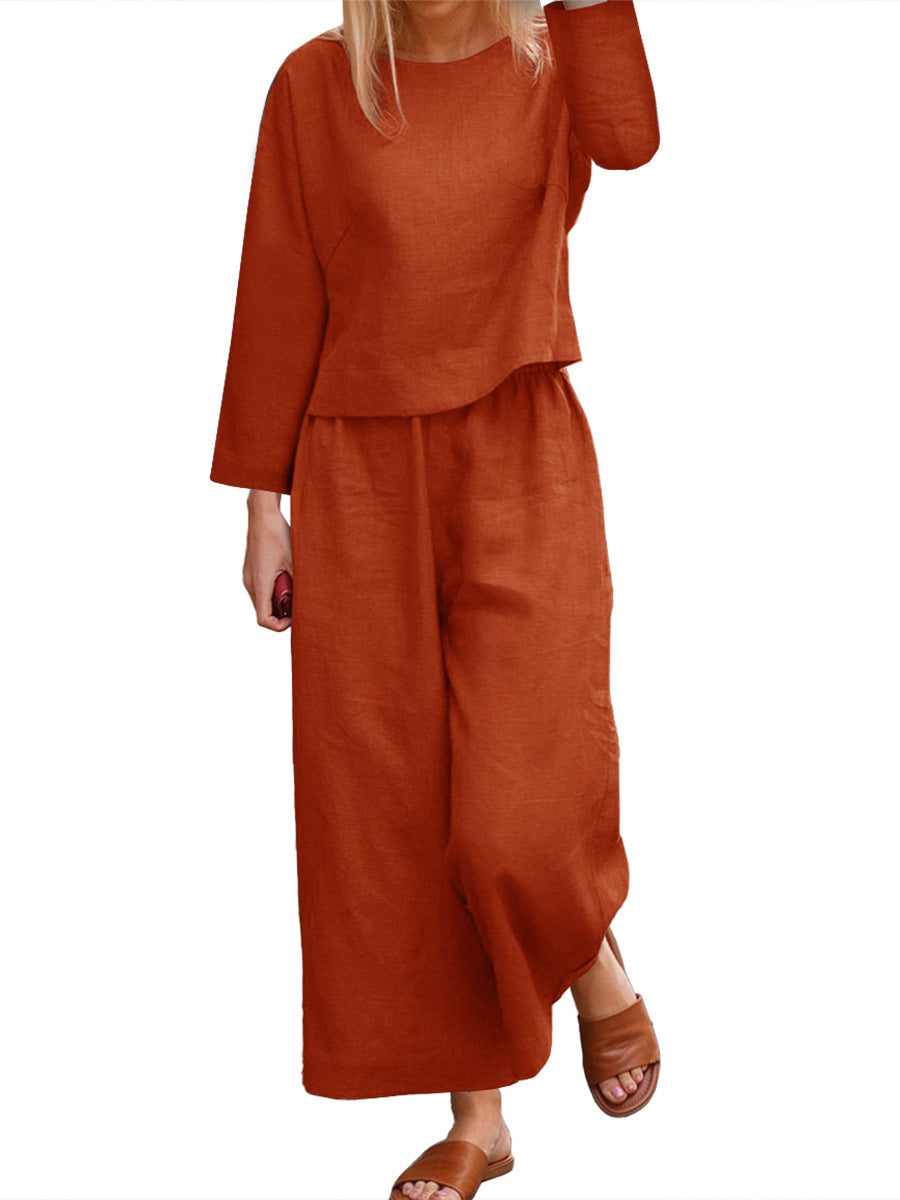 Streetwave Linen Lounge Set For Women With Long Sleeve Top And Wide Leg Pants Relaxed Fit Comfort