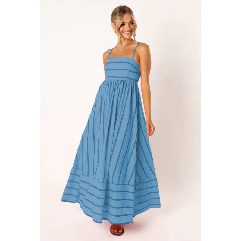 Street Wave Women Striped Maxi Dress With Elastic Waist For Elegant Breathable Comfort