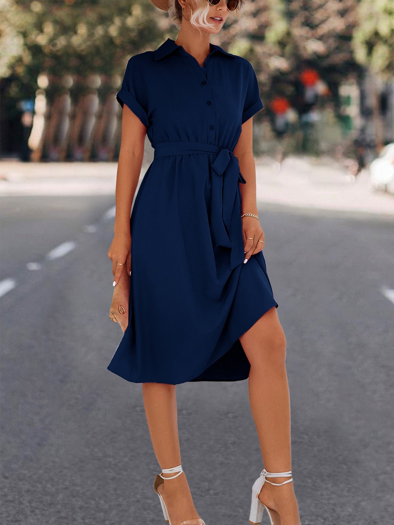 Street-wave Womens Knee Length Shirt Dress With Belt Flattering V-Neck Breathable Comfort