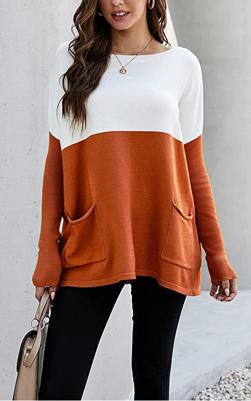 Street Wave Womens Colorblock Knit Sweater With Large Front Pockets Cozy Everyday Essential