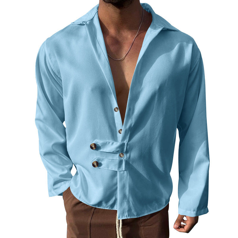 Streetwave Mens Elegant Shirt With Innovative Button Design And Deep V Neck For Modern Men