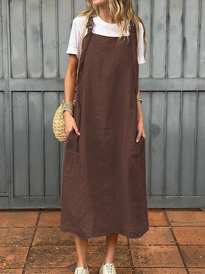 Streetwave Linen Strap Dress With Two Front Pockets For Women Breathable Casual Midi Summer