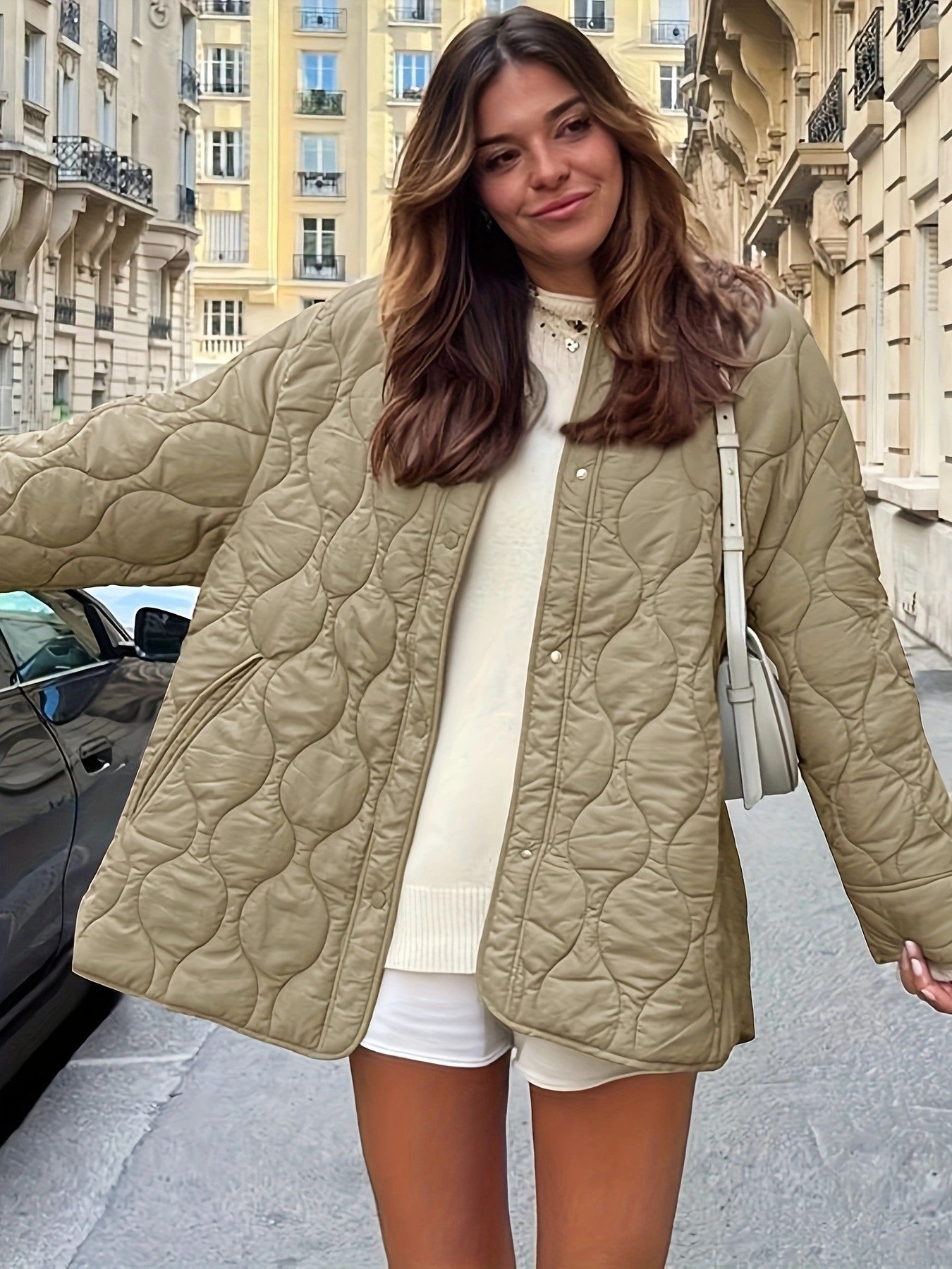 Streetwave Women Quilted Jacket With Large Pockets Round Neck Cozy Everyday Coat