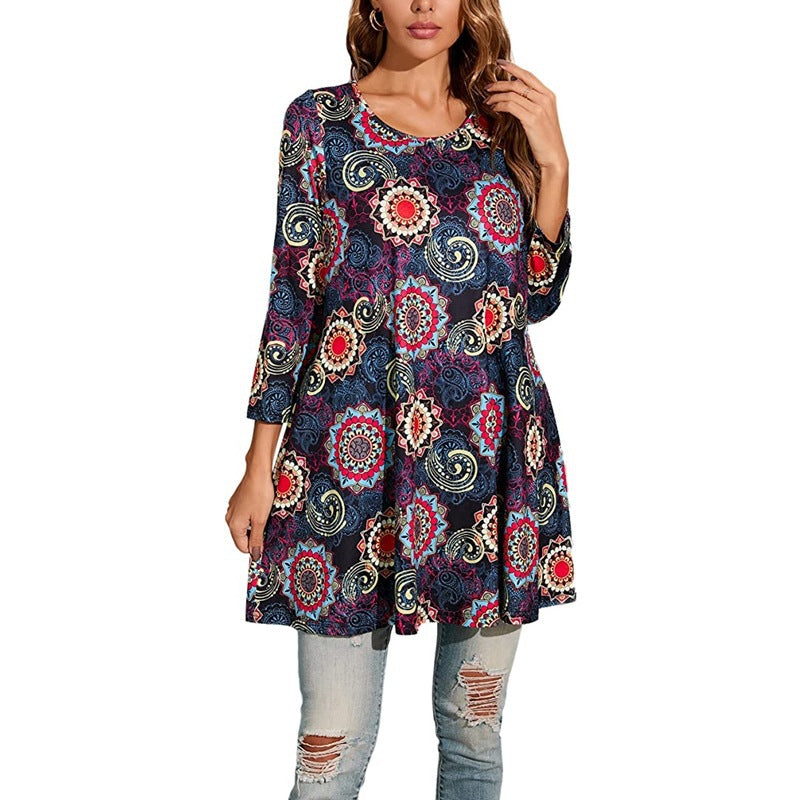 Street Wave Mandala Print Tunic For Women Comfortable Boho Everyday Top With Unique Mandala Design