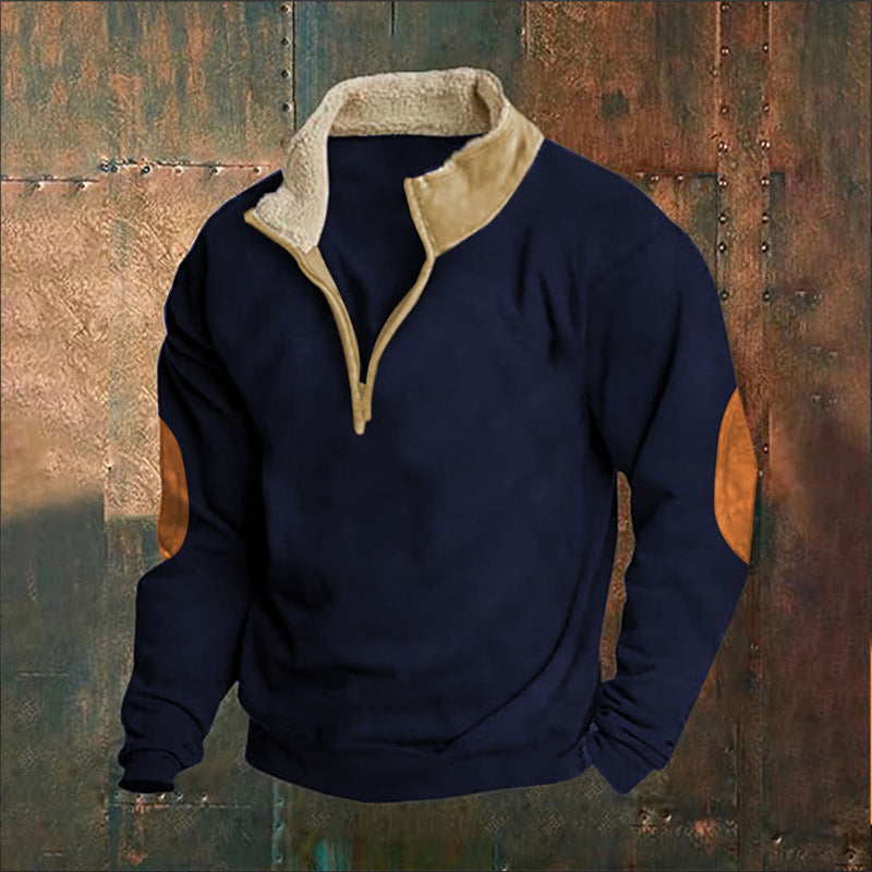 Street-Wave Men's Fleece Pullover With High Collar And Rugged Appliques For Warm Comfort