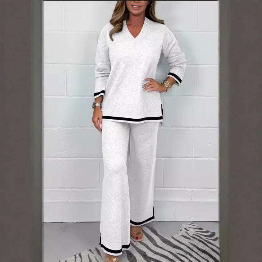 Street Wave Women's Loose Fit Knit Set With Wide Silhouette And Elegant Contrast Trim For Casual Comfort