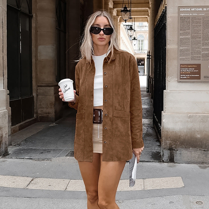 Street-wave Women's Suede Jacket With Snap Button Closure And Practical Pockets For Everyday City Wear