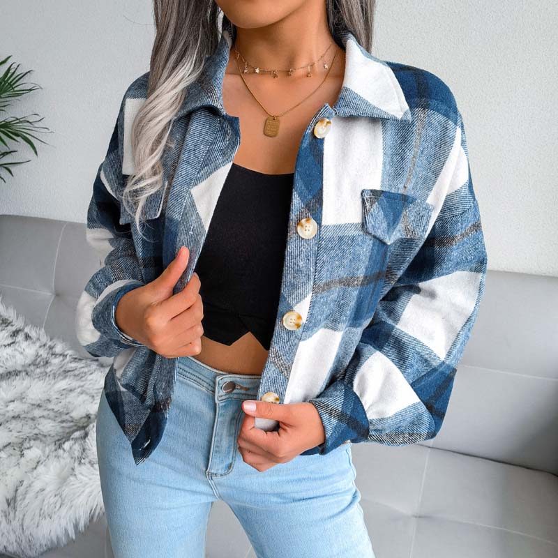 Street-Wave Women's Plaid Short Jacket With Chest Pockets Polyester Modern Wardrobe Essential