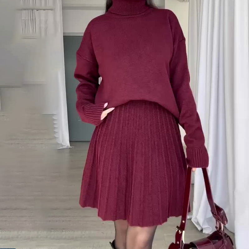 Street Wave Women Elegant Knit Set With Turtleneck Sweater And Flowing Skirt Cozy Chic Ensemble