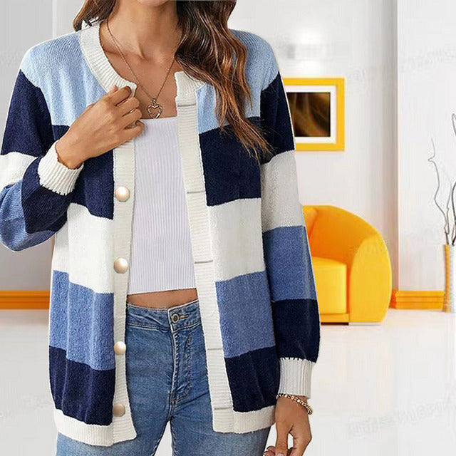 Street-Wave Pastel Striped Cardigan for Women, Soft Polyester Comfort, Timeless Style