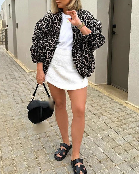 Street-wave Leopard Print Oversized Zip Jacket For Casual Streetwear Lovers Comfortable Mobility