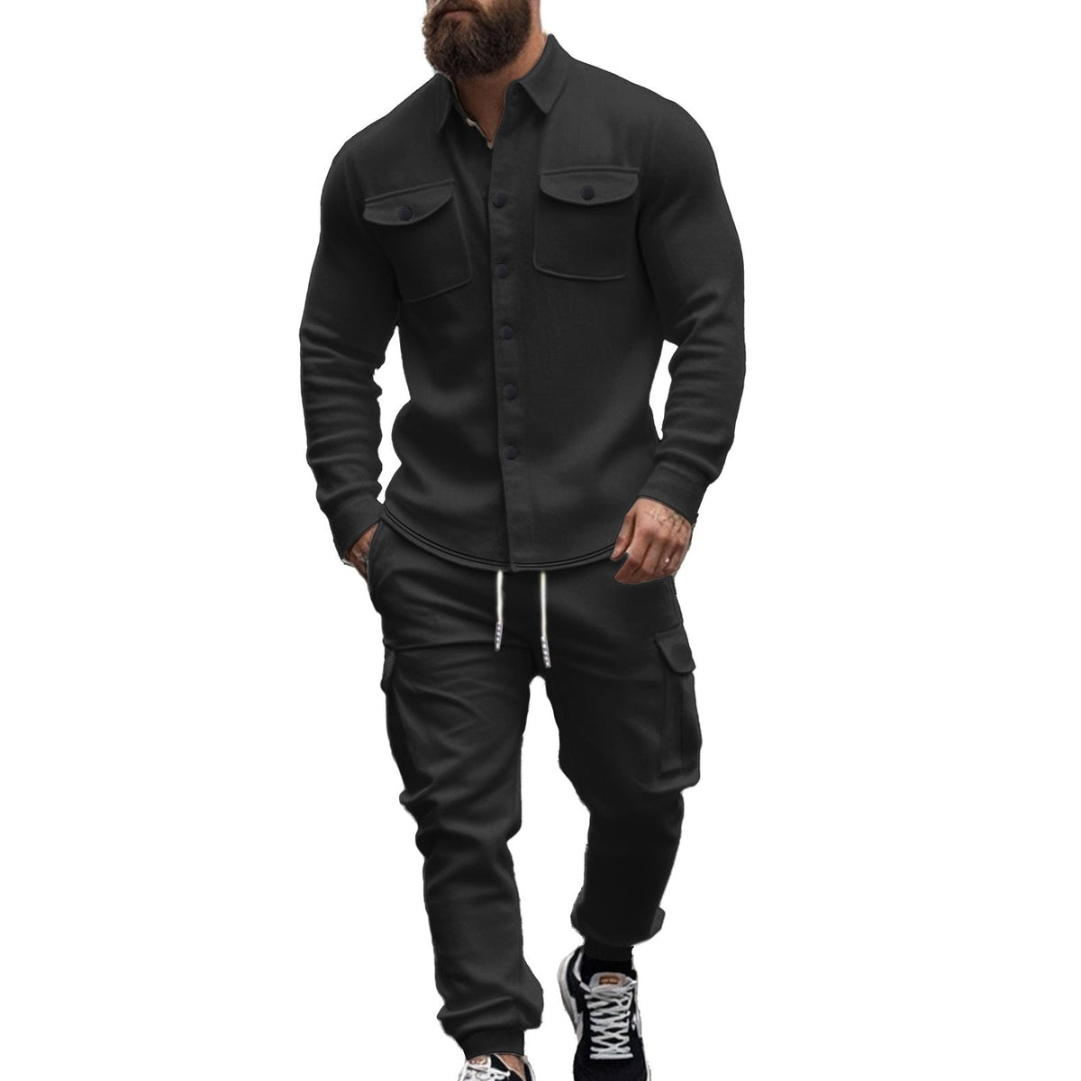 Street-wave Mens Cargo Set Shirt With Elastic Pants Comfortable Streetwear For Modern Men