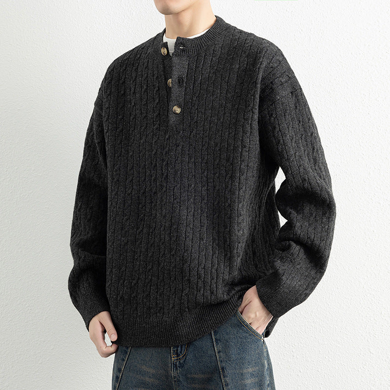 Street-Wave Mens Cable Knit Sweater With Button Details And Structured Texture For All Season Comfort