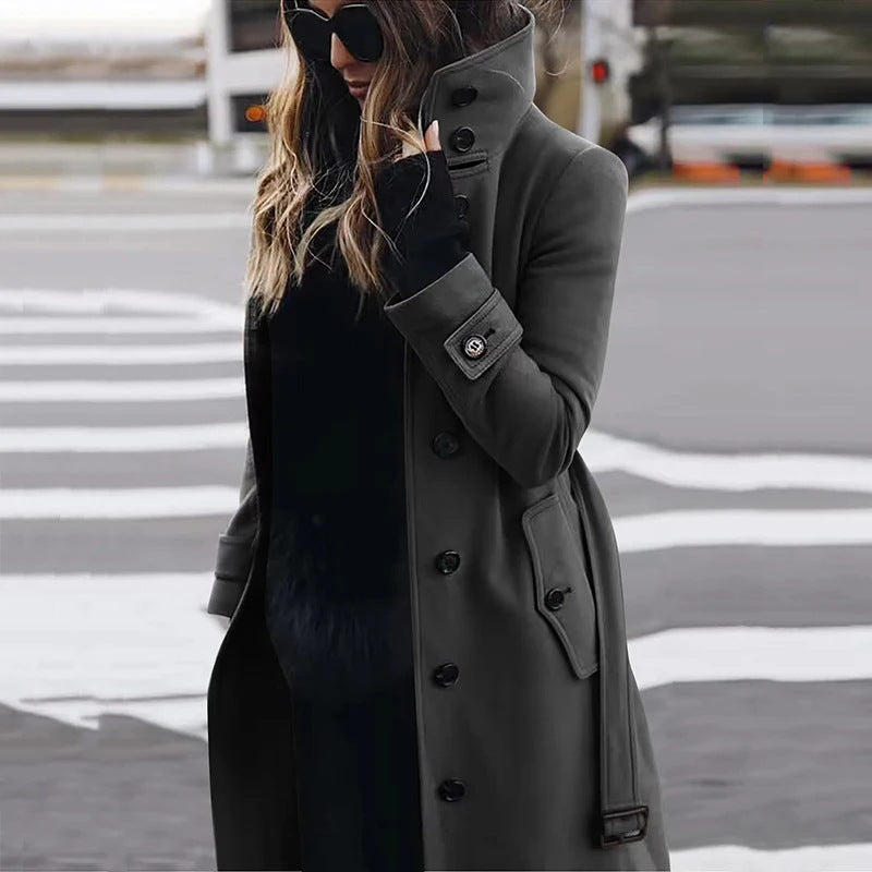 Elegant High Collar Coat For Women By Street-Wave With Practical Pockets For Timeless Chic