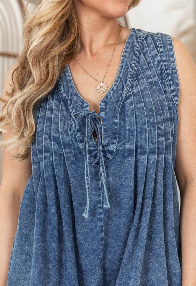 Street Wave Denim Romper For Women Loose Fit Sleeveless Lace V Neck