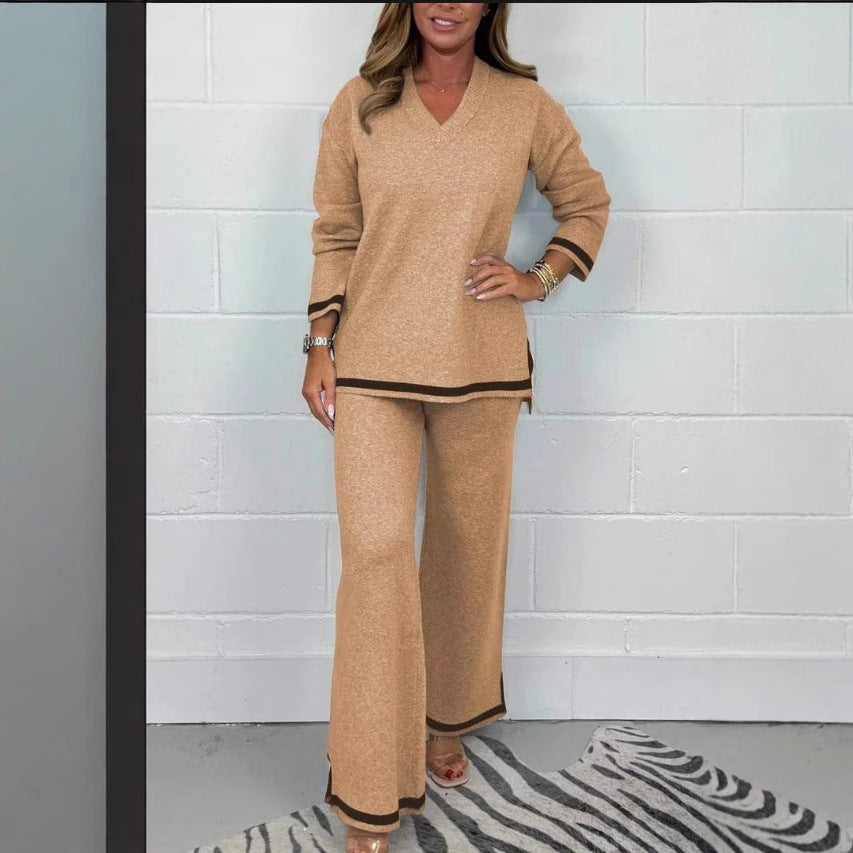 Street Wave Women's Loose Fit Knit Set With Wide Silhouette And Elegant Contrast Trim For Casual Comfort