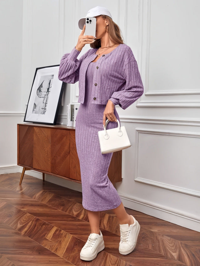 Streetwave Women Knit Set Button Front Cardigan With Oversized Sleeves Maxi Skirt Chic