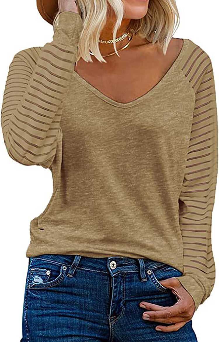 Street-wave Women V-Neck Long Sleeve Shirt With Striped Sleeves For Stylish Everyday Comfort