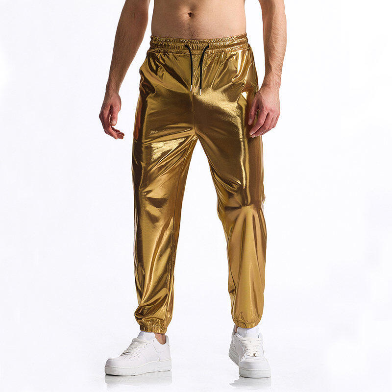 Street-wave Men's Shiny Metallic Joggers With Elastic Waistband For Sport And Streetwear