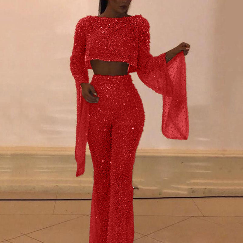 Street-Wave Glitter Sequin Two-Piece Set With Wide-Leg Pants And Long Sleeves For Women