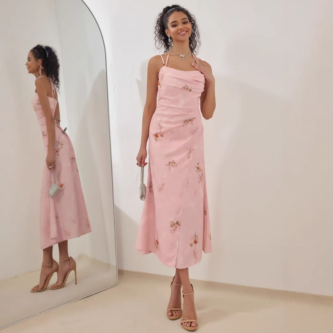 Street-Wave Satin Midi Dress With Elegant Floral Details For Women