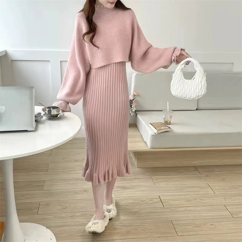 Street Wave Women's Knit Dress With High Neck And Ribbed Texture Cozy Elegant Silhouette