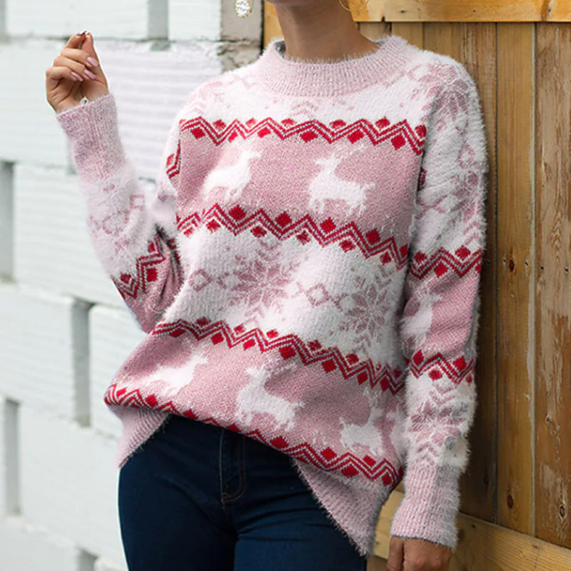 Street-wave Women's Cozy Christmas Sweater With Festive Reindeer Design, Warm Knit