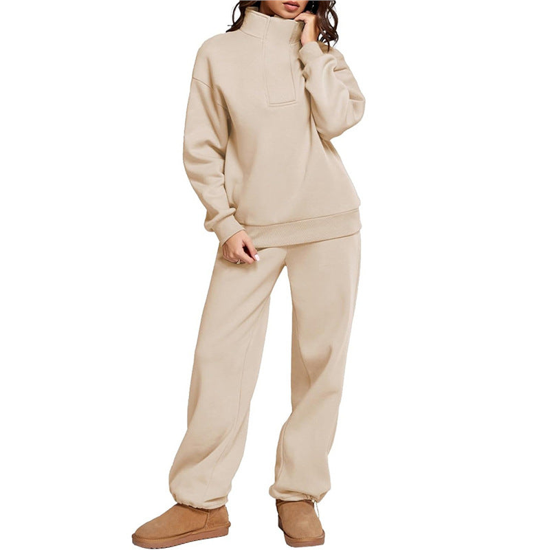 Street-wave Women's Cozy Leisure Set With Stand Collar And Wide Leg Pants For Relaxed Comfort