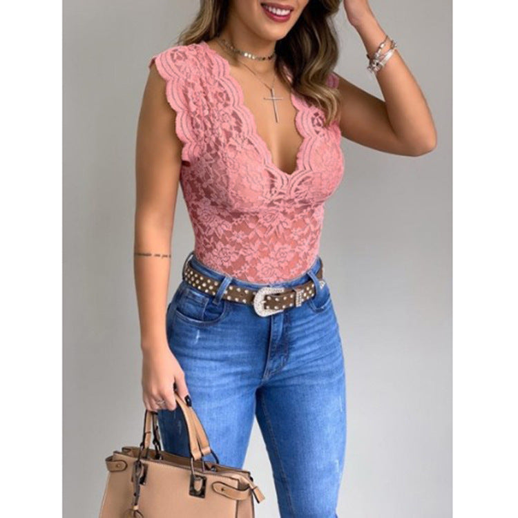 Street Wave Lace Bodysuit Women Deep V Neck With Ruffle Sleeves Elegant Evening Top