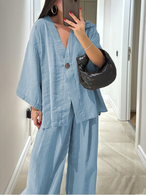 Street-Wave Two-Piece Set For Women Effortless Blouse With Street-Wave Neckline And Button Details High-Waisted Pants